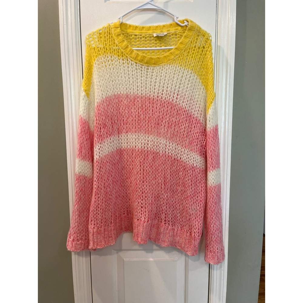 Sundance Open Knit Colorblock Sweater Yellow Pink‎ White Crew Neck XL b1
